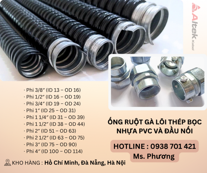 Ống ruột gà lõi thép bọc nhựa PVC và đầu nối tại Đà Nẵng, Hà Nội, Hồ Chí Minh