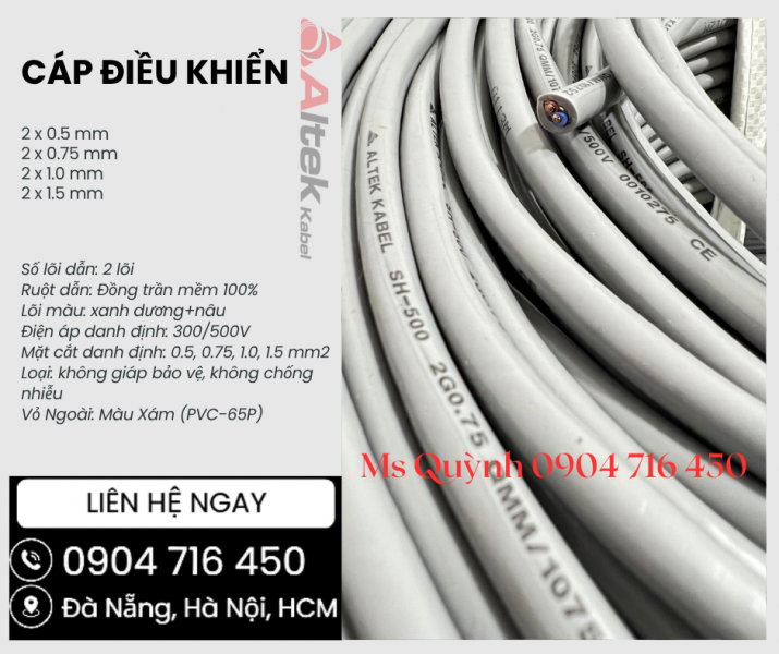 Cáp tín hiệu điều khiển 2x0.5, 2x0.75, 2x1.0, 2x1.5 Altek Kabel Đà Nẵng, Hà Nội