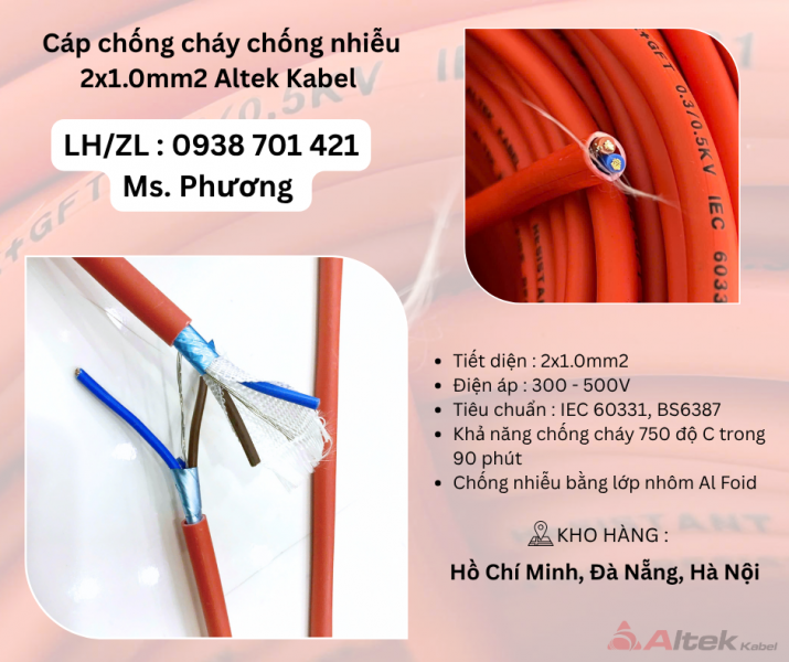  Cáp chống cháy chống nhiễu 2x1.0 Altek Kabel Đà Nẵng, Hà Nội, Hồ Chí Minh