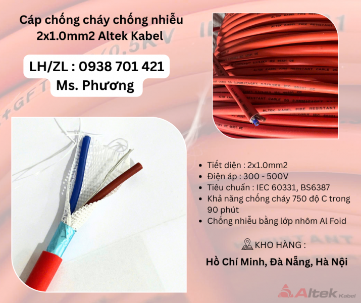  Cáp chống cháy chống nhiễu 2x1.0 Altek Kabel Đà Nẵng, Hà Nội, Hồ Chí Minh