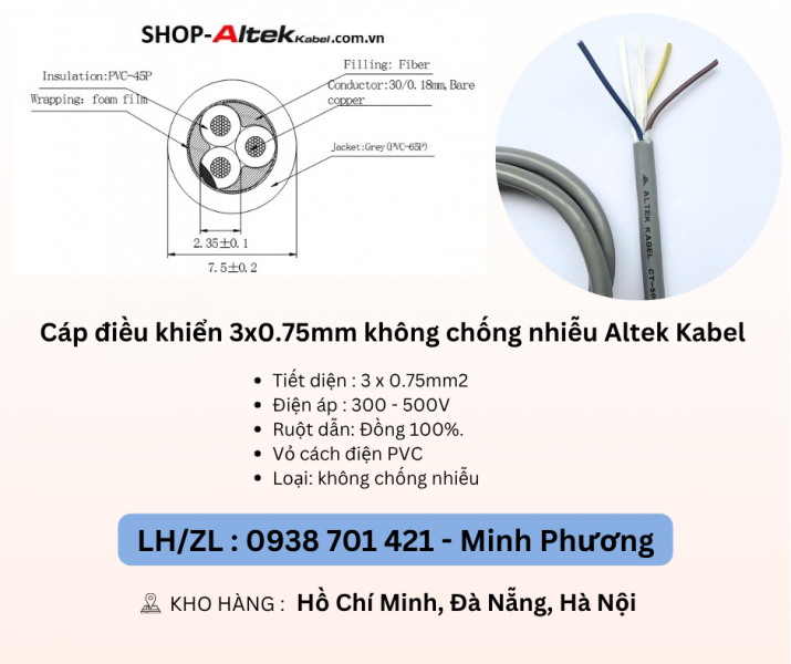 Cáp điều khiển 3 lõi không chống nhiễu Altek Kabel Đà Nẵng, Hà Nội, Hồ Chí Minh
