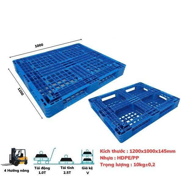 PALLET NHỰA 1200 x 1000 x 145 mm TẢI VỪA, MÀU XANH. MUA/BÁN LH: 0964018718