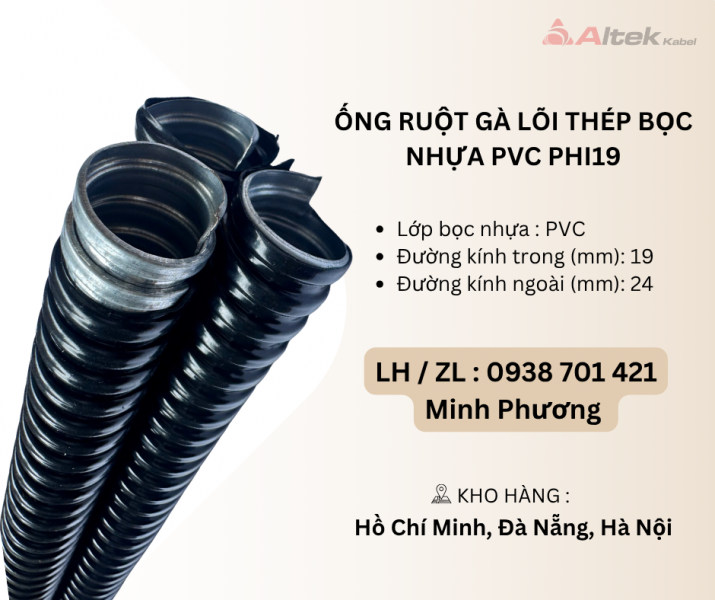 Ống ruột gà lõi thép bọc nhựa PVC Phi19 Đà Nẵng, Hà Nội, Quảng Nam