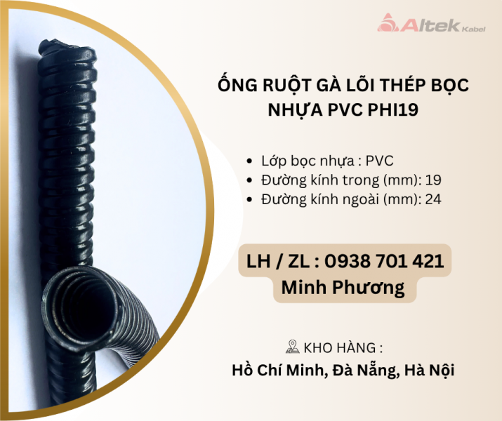 Ống ruột gà lõi thép bọc nhựa PVC Phi19 Đà Nẵng, Hà Nội, Quảng Nam