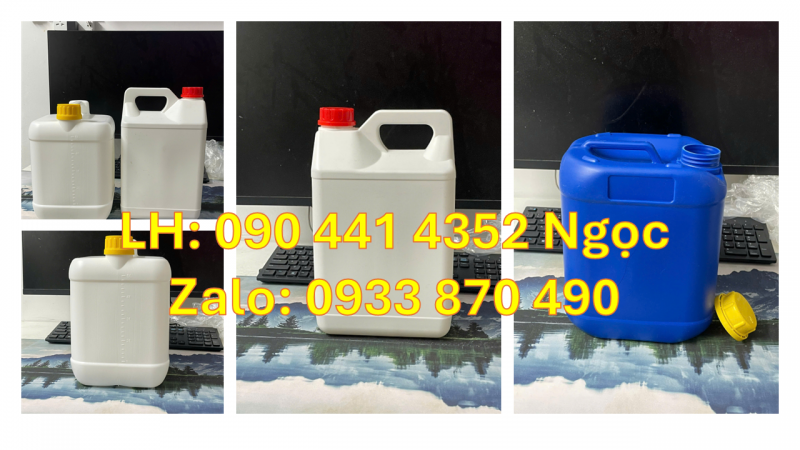 Bình 1 lit đựng dầu gội, can nhựa 2L đựng thuốc nhuộm, can 5 lít vuông màu đen, trắng, vàng…