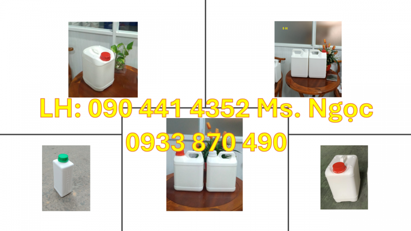 Can 5 lít trắng, can nhựa 2 lít tròn, can 1 lít nắp ấn, bình nhựa 0.5 lít đựng thuốc tẩy