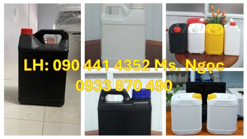 Can 5 lít trắng, can nhựa 2 lít tròn, can 1 lít nắp ấn, bình nhựa 0.5 lít đựng thuốc tẩy