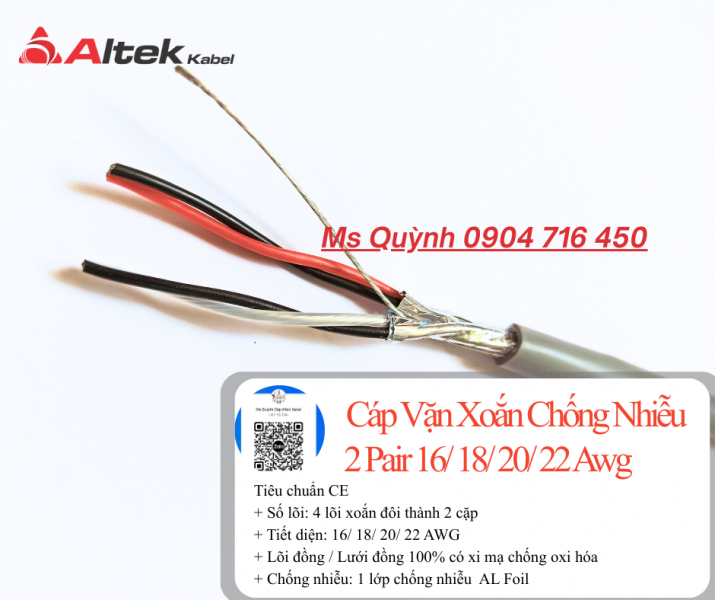 Cáp tín hiệu vặn xoắn chống nhiễu 2 Pair 16/ 18/ 20/ 22 Awg Altek Kabel