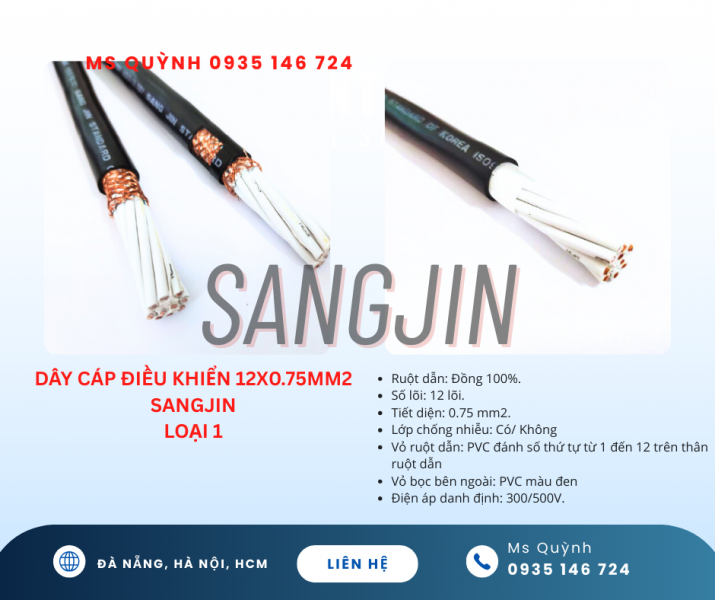 Cáp điều khiển Sangjin DVV 12x0.5, 12x0.75, 12x1.25, 12x1.5 Sài Gòn, Đồng Nai