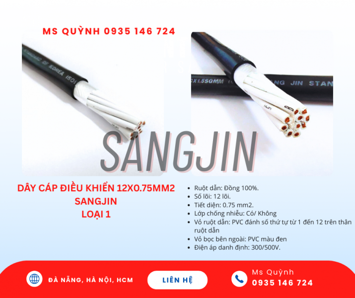Cáp điều khiển Sangjin DVV 12x0.5, 12x0.75, 12x1.25, 12x1.5 Sài Gòn, Đồng Nai