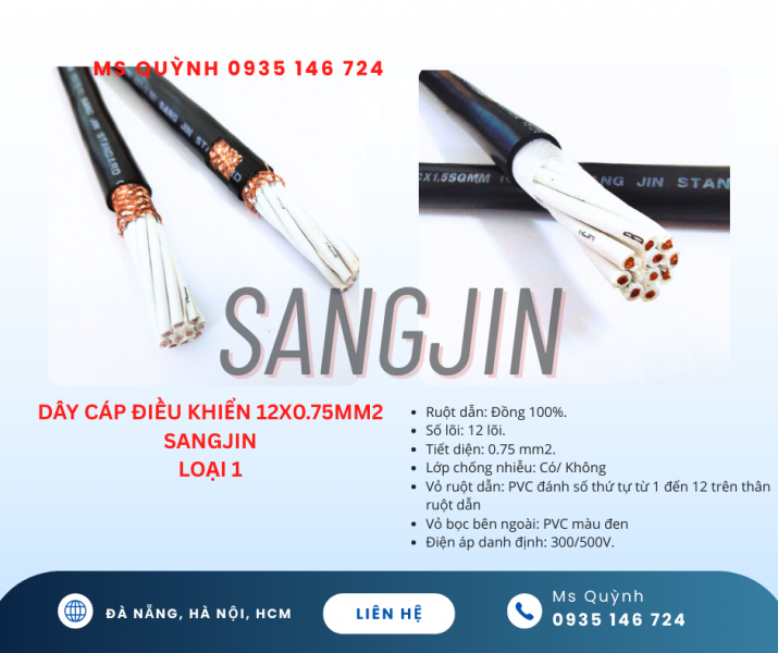 Cáp điều khiển Sangjin DVV 12x0.5, 12x0.75, 12x1.25, 12x1.5 Sài Gòn, Đồng Nai