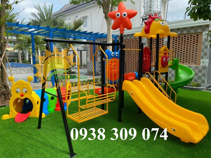 Cầu trượt lnhà khối iên hoàn, cầu trượt liên hoàn xích đu