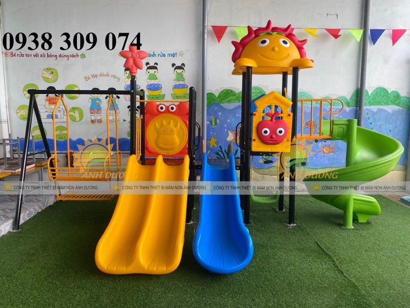 Cầu trượt lnhà khối iên hoàn, cầu trượt liên hoàn xích đu