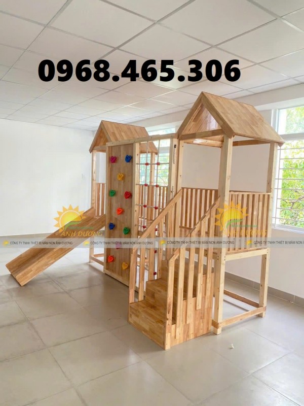 Cầu trượt gỗ liên hoàn trẻ em, thang leo cầu trượt gỗ mầm non