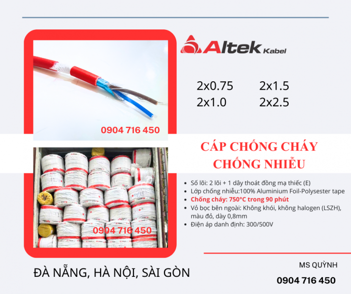 Cáp chống cháy 2x0.75, 2x1.0, 2x1.5 Altek Kabel Sài Gòn, Hà Nội, Đà Nẵng, Trà Vinh