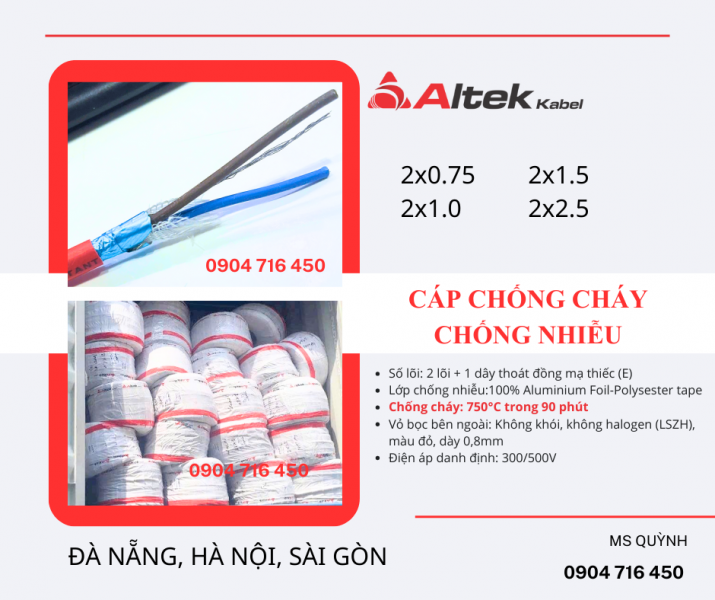 Cáp tín hiệu chống cháy 2g0.75, 2g1.0, 2g1.5 Altek Kabel