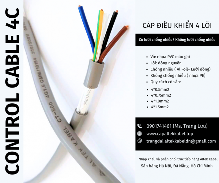 Cáp điều khiển 4x0.5, 4x0.75, 4x1.0, 4x1.5 Đà Nẵng, Huế, Quảng Ngãi