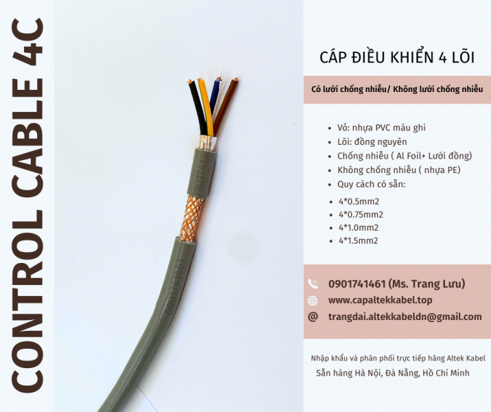 Cáp điều khiển 4x0.5, 4x0.75, 4x1.0, 4x1.5 Đà Nẵng, Huế, Quảng Ngãi