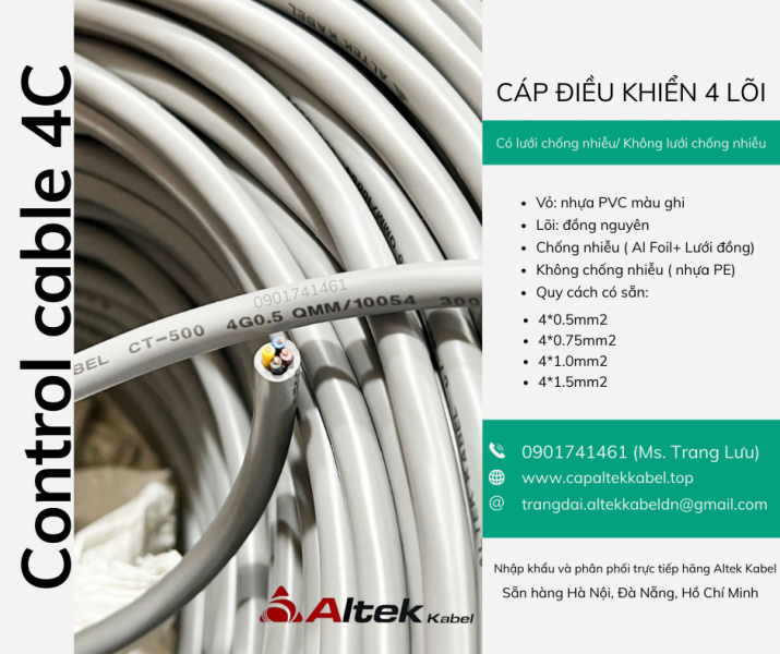 Cáp điều khiển 4x0.5, 4x0.75, 4x1.0, 4x1.5 Đà Nẵng, Huế, Quảng Ngãi