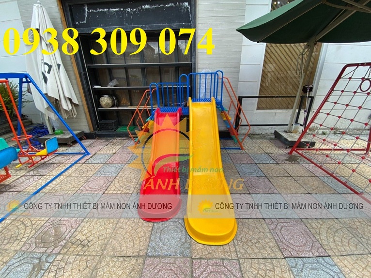 Cầu trượt máng đôi, cầu trượt đôi mầm non 2 máng song song
