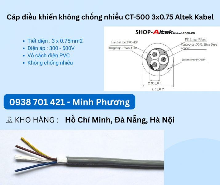 Cáp điều khiển không chống nhiễu CT-500 3x0.75 Altek Kabel Đà Nẵng, Hải Dương, Hải Phòng