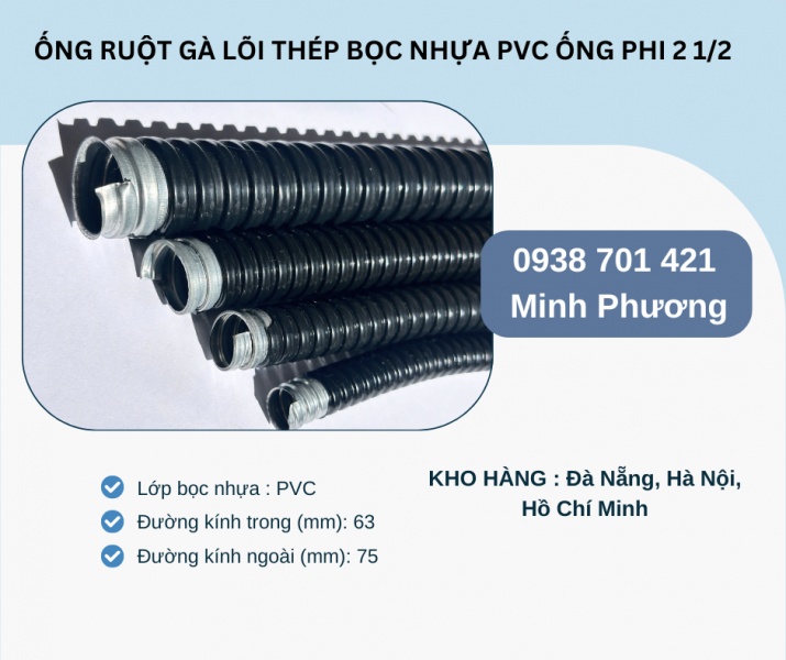 Ống ruột gà lõi thép bọc nhựa Pvc ống phi 2 1/2 có sẵn Đà Nẵng, Hà Nội, Hồ Chí Minh