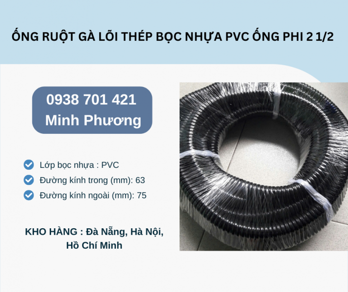 Ống ruột gà lõi thép bọc nhựa Pvc ống phi 2 1/2 có sẵn Đà Nẵng, Hà Nội, Hồ Chí Minh
