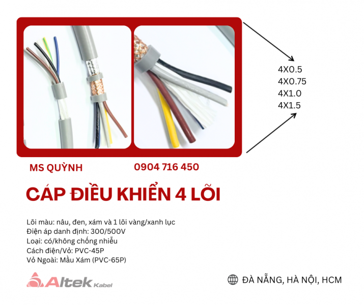 Cáp điều khiển Altek Kabel 4x0.5, 4x0.75, 4x1.0, 4x1.5 Đà Nẵng, Hà Nội, Thanh Hóa, Hà Nam, Nam Định