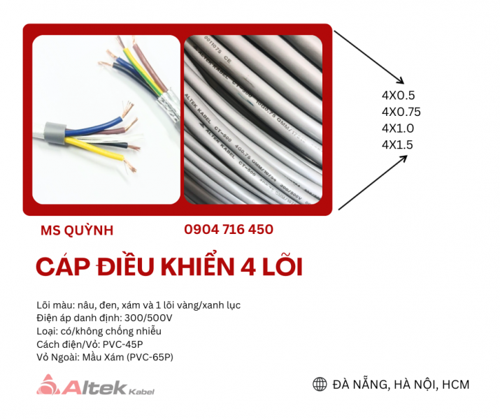 Cáp điều khiển Altek Kabel 4x0.5, 4x0.75, 4x1.0, 4x1.5 Đà Nẵng, Hà Nội, Thanh Hóa, Hà Nam, Nam Định