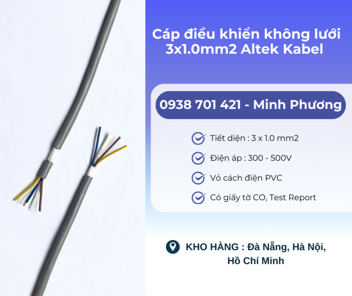 Cáp điều khiển không lưới 3x1.0mm2 Altek Kabel Phú Yên, Thanh Hóa, Gia Lai