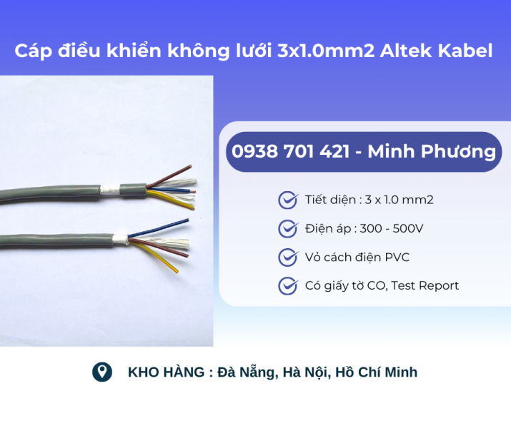 Cáp điều khiển không lưới 3x1.0mm2 Altek Kabel Phú Yên, Thanh Hóa, Gia Lai