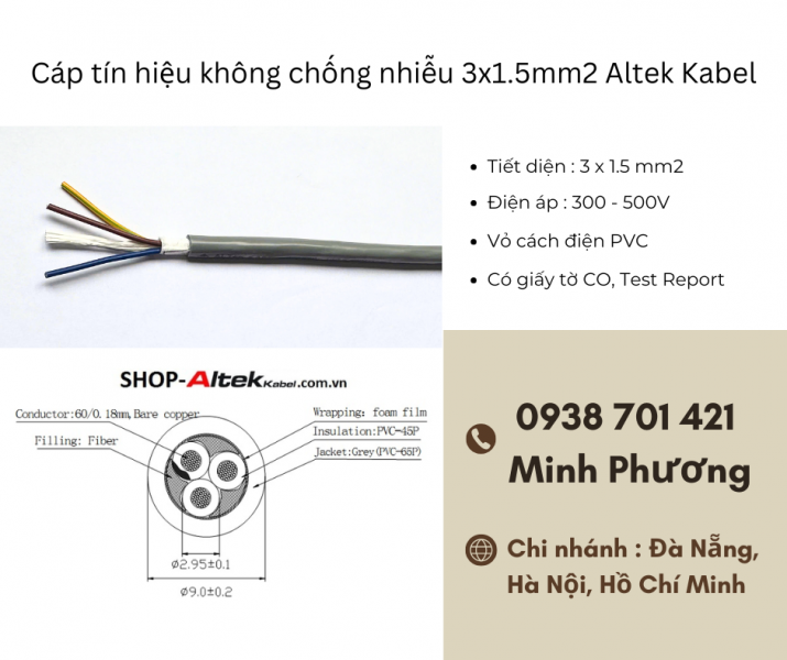 Cáp tín hiệu không chống nhiễu 3x1.5mm2 Altek Kabel chính hãng – giá tốt Đà Nẵng