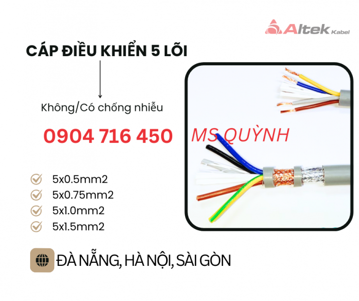 Cáp điều khiển thang máy 5x0.5, 5x0.75, 5x1.0 Altek Kabel