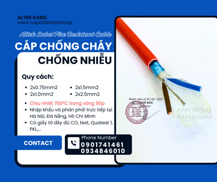 Cáp báo cháy 2x16AWG chống cháy chống nhiễu Altek kabel có kiểm định