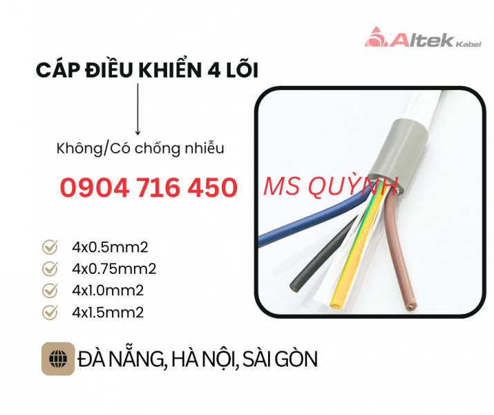 Cáp 4 core Altek Kabel 4x0.5, 4x-.75, 4x1.0,4x1.5 Đà Nẵng, Hà Nội, Lao Bảo, Thái Bình, Nam Định