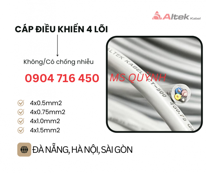 Cáp 4 core Altek Kabel 4x0.5, 4x-.75, 4x1.0,4x1.5 Đà Nẵng, Hà Nội, Lao Bảo, Thái Bình, Nam Định
