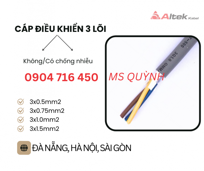 Cáp điều khiển, tín hiệu, thang máy 3x0.5, 3x0.75, 3x1.0 Altek Kabel