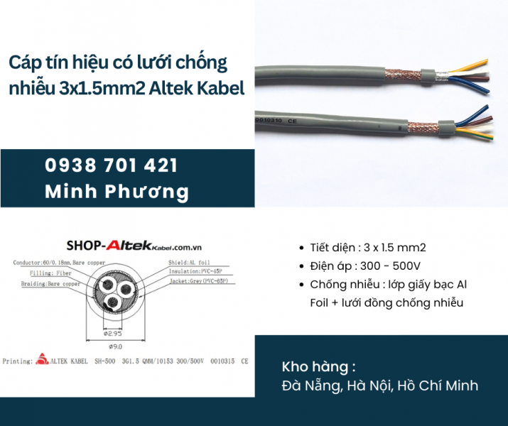 Cáp tín hiệu có lưới chống nhiễu 3x1.5mm2 chính hãng Altek Kabel hỗ trợ giao toàn quốc