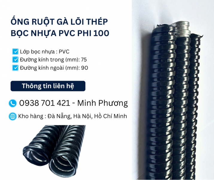 Ống ruột gà lõi thép bọc nhựa Pvc phi 100 sẵn kho Đà Nẵng, Hà Nội, Hồ Chí Minh