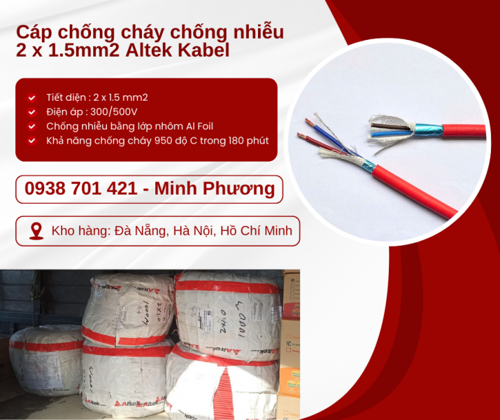 Dây cáp điện chống cháy chống nhiễu 2x1.5mm2 sẵn kho Đà Nẵng, Hà Nội, Hồ Chí Minh