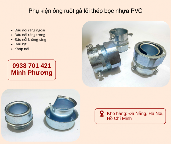 Phụ kiện ống ruột gà lõi thép bọc nhựa PVC sẵn kho Đà Nẵng, Hà Nội, Hồ Chí Minh