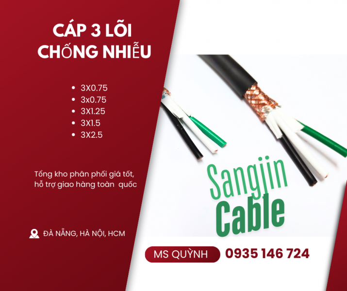 Cáp sangjin 3x0.5, 3x0.75, 3x1.25, 3x1.5, 3x2.5 Sài Gòn, Đồng Nai, Bình Dương