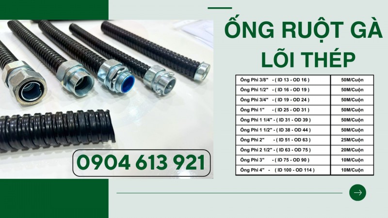Ống ruột gà lõi thép bọc nhựa PVC và đầu nối ống với máng điện - giá sỉ tại kho