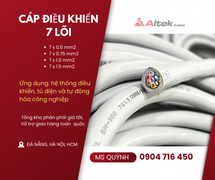 Cáp 7x0.5, 7x0.75, 7x1.0, 7x1.5 dùng cho tự động hóa, thang máy sẵn kho Đà Nẵng, Hà Nội
