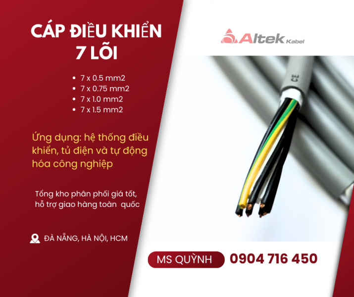 Cáp 7x0.5, 7x0.75, 7x1.0, 7x1.5 dùng cho tự động hóa, thang máy sẵn kho Đà Nẵng, Hà Nội