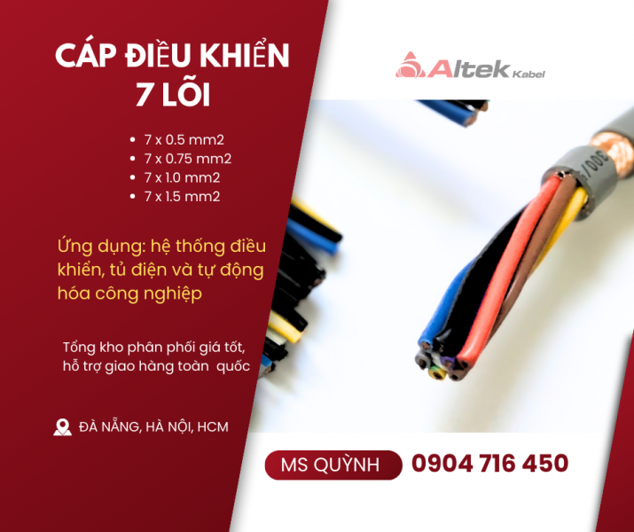 Cáp 7x0.5, 7x0.75, 7x1.0, 7x1.5 dùng cho tự động hóa, thang máy sẵn kho Đà Nẵng, Hà Nội