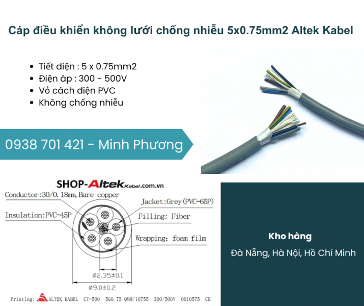 Cáp điều khiển không lưới chống nhiễu 5x0.75mm2 Altek Kabel Bình Định, Quảng Trị