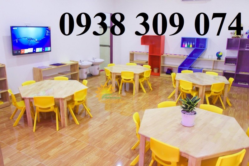 Bàn gỗ mầm non, ghế gỗ mầm non, bàn gỗ vòng cung bệt mầm non