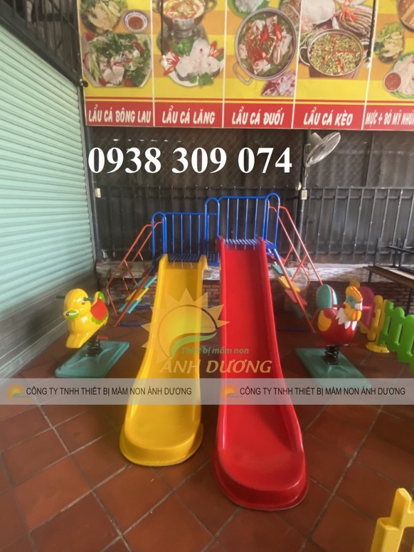 Cầu trượt đôi giá rẻ, cầu trượt mầm non 2 máng nhựa cao cấp