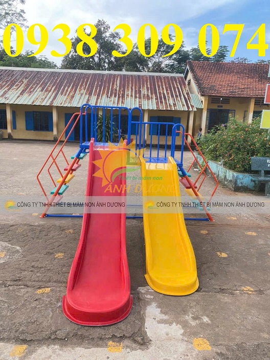 Cầu trượt đôi giá rẻ, cầu trượt mầm non 2 máng nhựa cao cấp